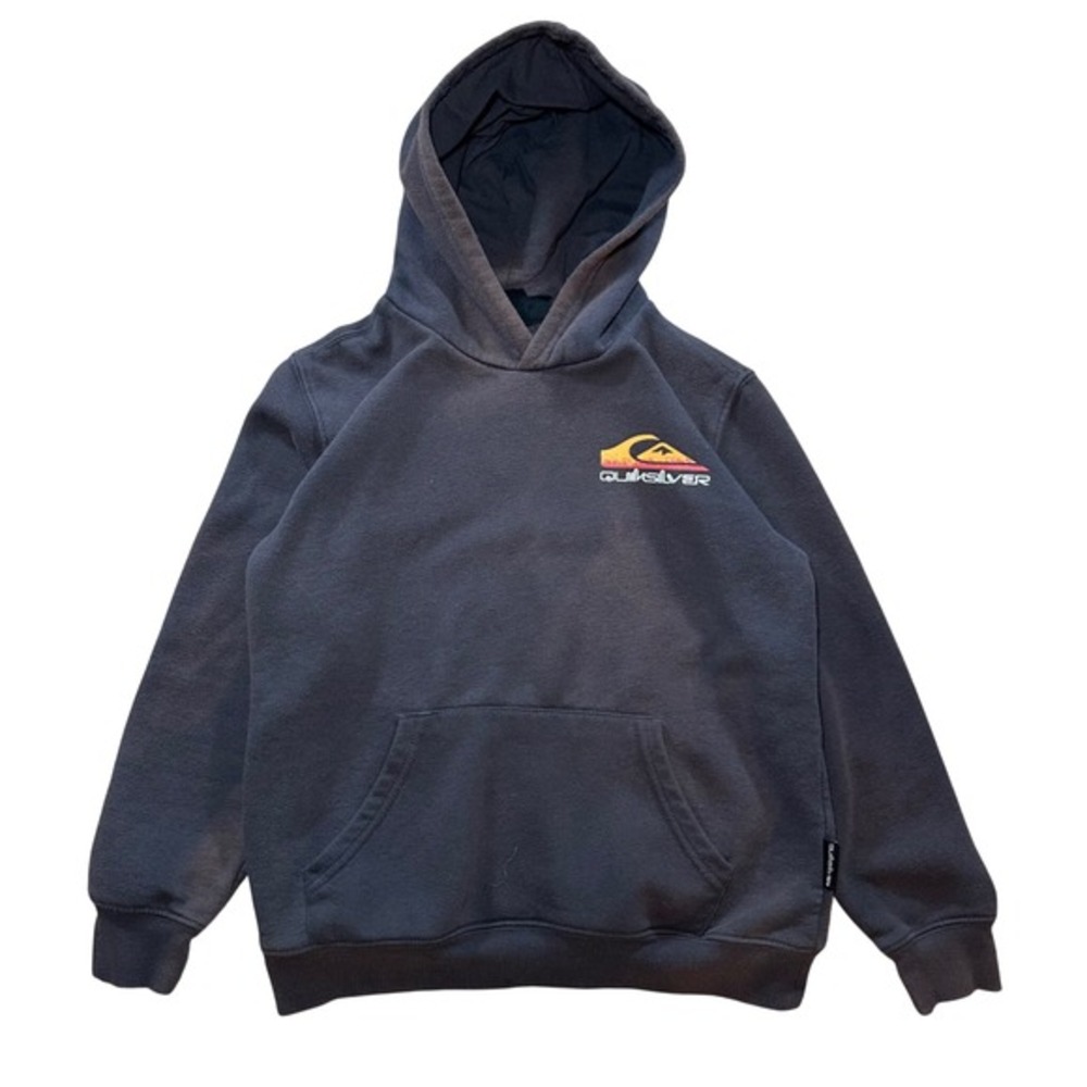 Y2K Quiksilver Kids Hoodie Medium Gray Double Logo Faded Pullover Sweatshirt